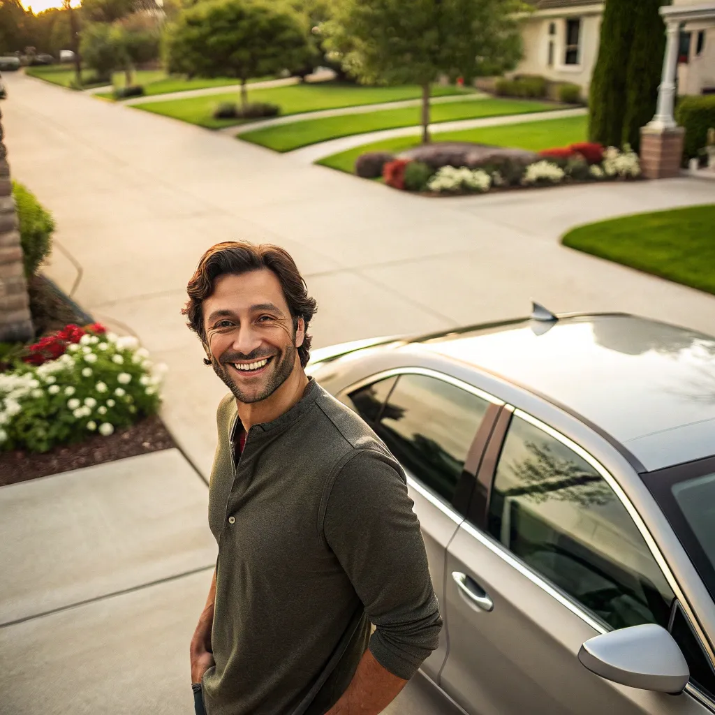 Smiling man standing in front of his car